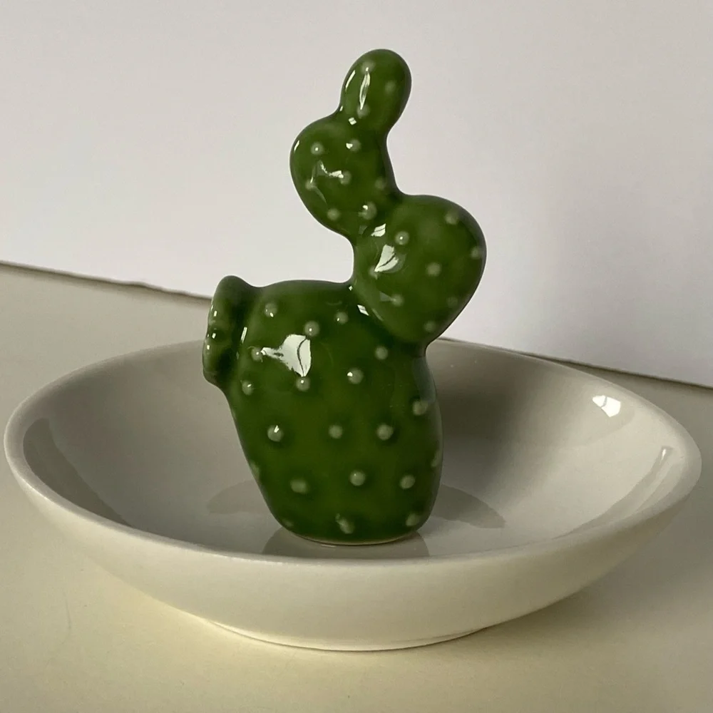 Cactus Ring Holder Dish Ceramic Vintage Jewelry Tray Green White Bowl Southwest